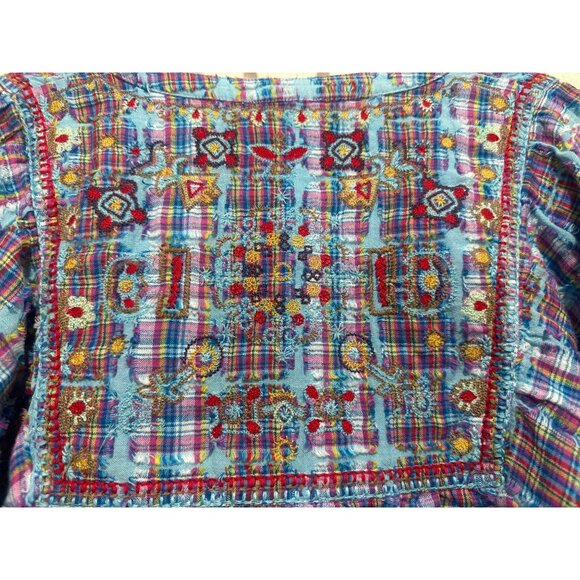 Sundance Peasant Embroidered Top Women Small Blue Plaid Puff Sleeves Boho Dainty - Picture 12 of 16